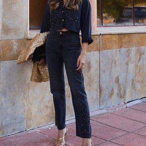 ZARA Z1975 STRAIGHT HIGH-WAIST CROPPED BEADED JEANS BLACK NEW FW24 REF. 6147/195